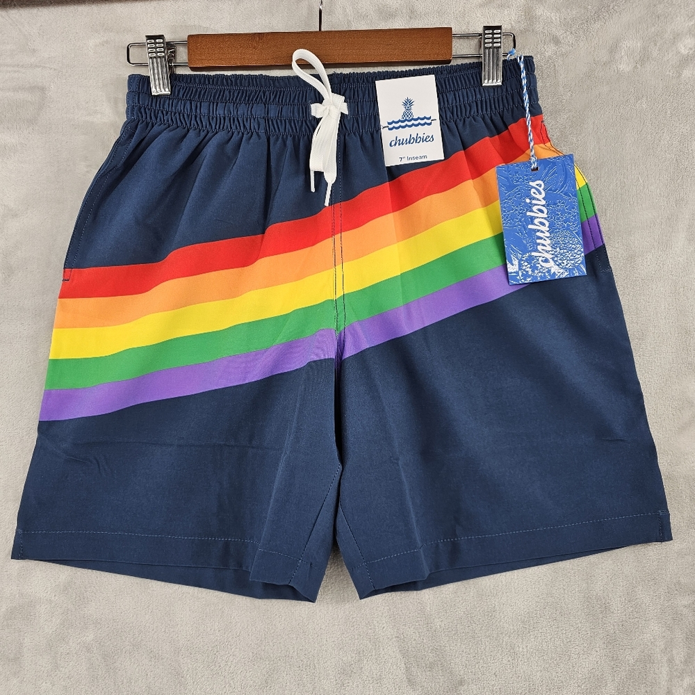 NWT‎ Men's Chubbies Rainbow Shortie Classic Swim Trunks Size Small 7"